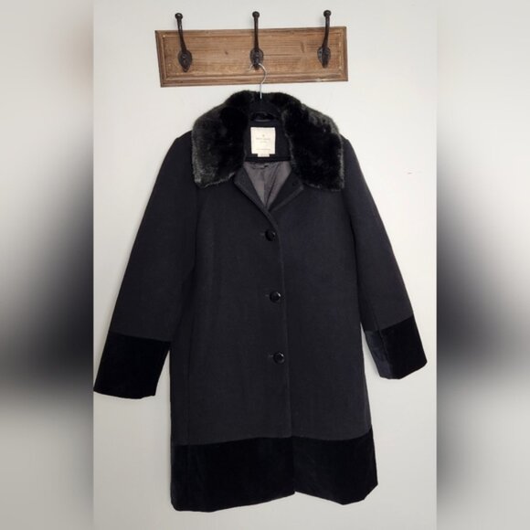 Kate Spade Faux Fur Collar Velvet Trim Black Wool Blend Coat 14 - Picture 7 of 8